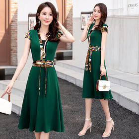 印花潮流，时尚短袖韩版收腰连衣裙（配腰带配抹胸）HR-YIXG6005