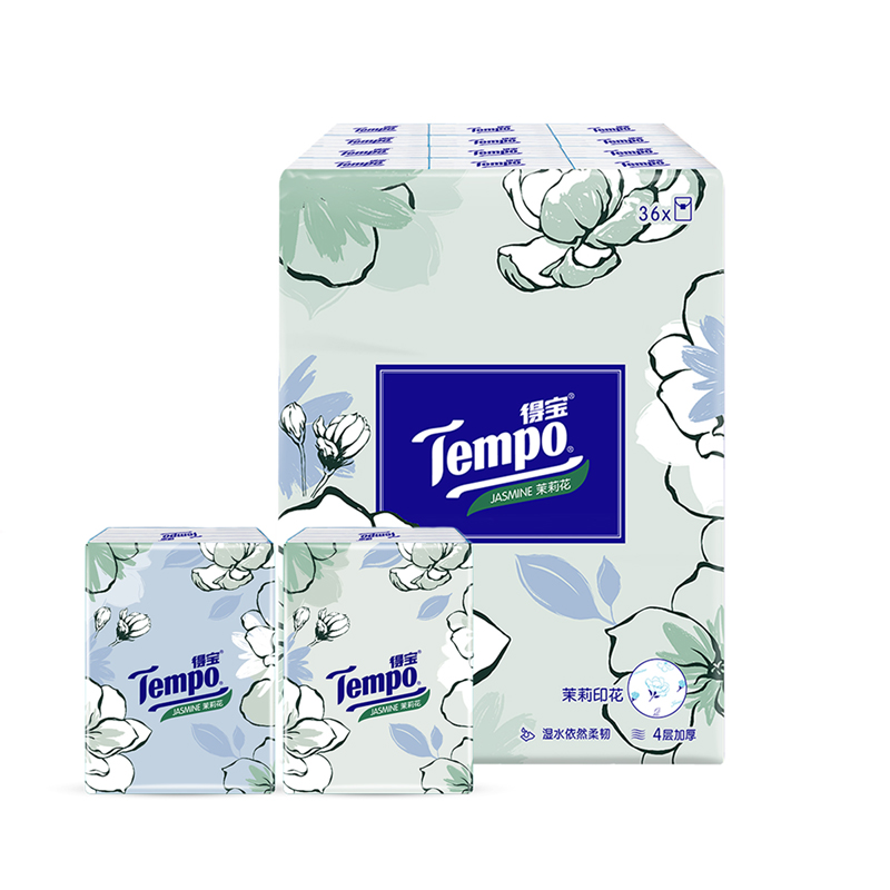 得宝（Tempo） 纸巾茉莉花味手帕纸4层36包 纸巾小包便携装手帕纸餐巾纸（新旧包装随机发货/旧包装无印花）