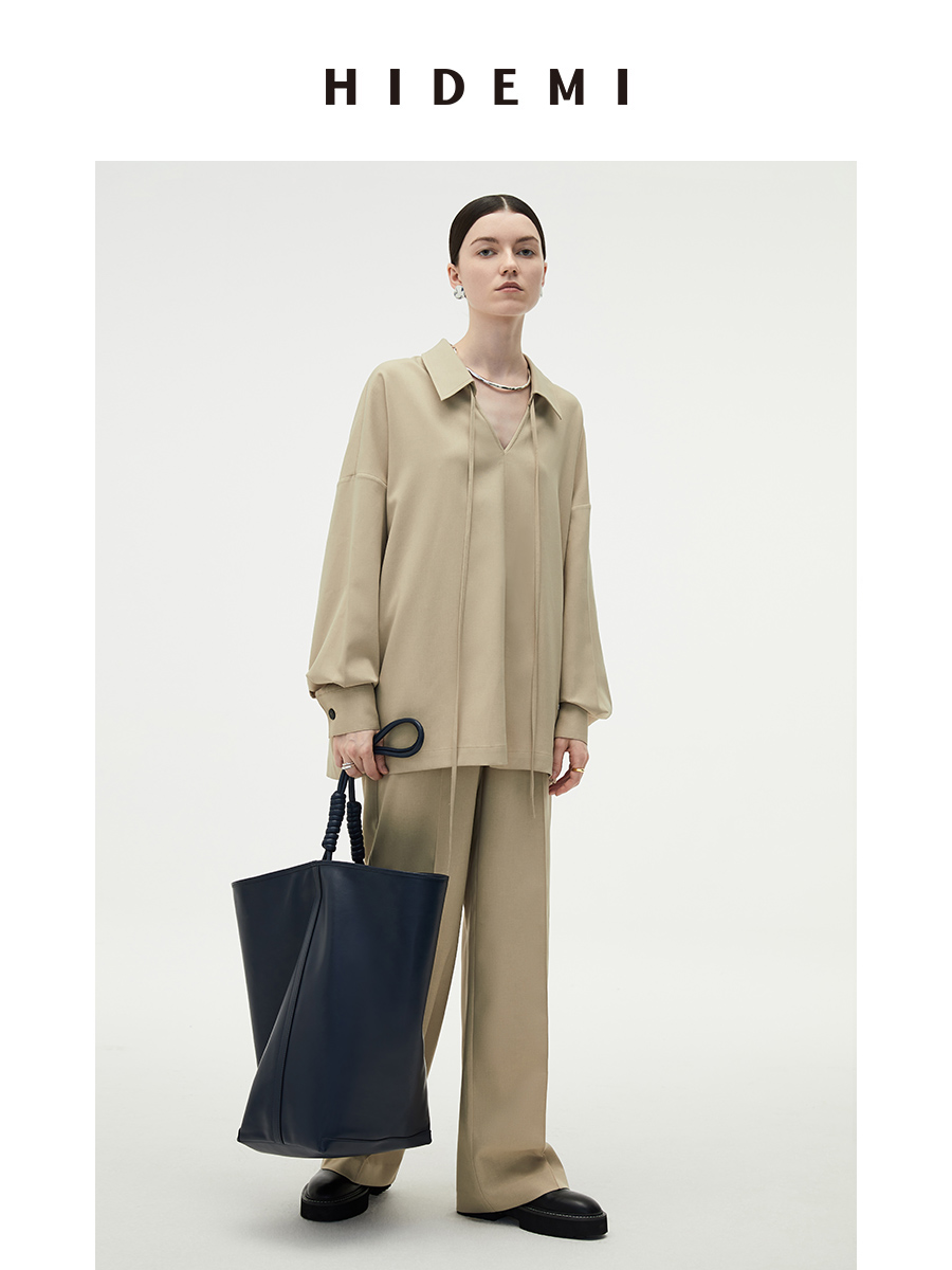 HIDEMI简约设计感v领系带套装 上衣/长裤