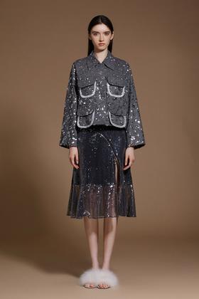 灰色银河亮片双层口袋西装廓形外套