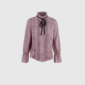 荷叶袖口撞色织带领上衣