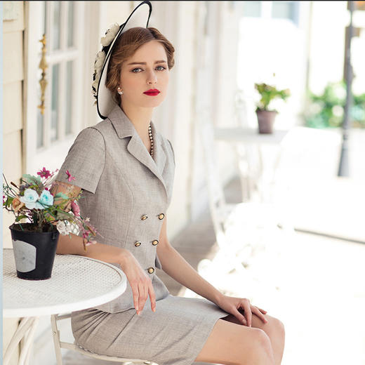 IWY/灰色双排扣短袖西装套装职业装女装时尚正装套裙OL工作服CS0348 商品图3