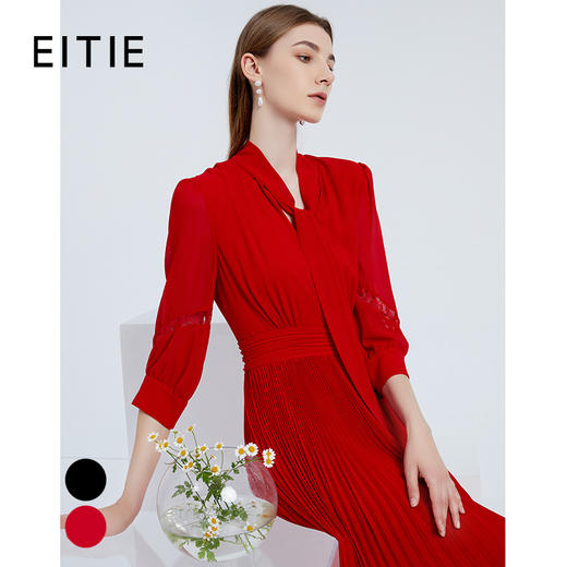 EITIE爱特爱秋季新款气质飘带V领七分袖显瘦A字百褶连衣裙女6507231 商品图0