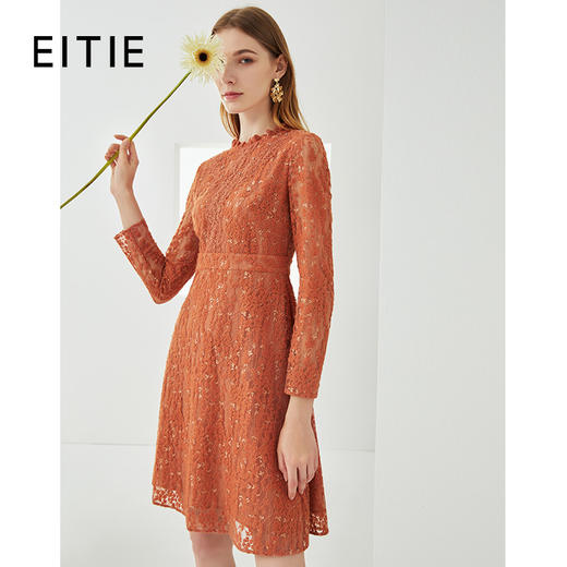 EITIE爱特爱秋季新款气质温柔蕾丝木耳领收腰A版显瘦连衣裙女C2107834 商品图0