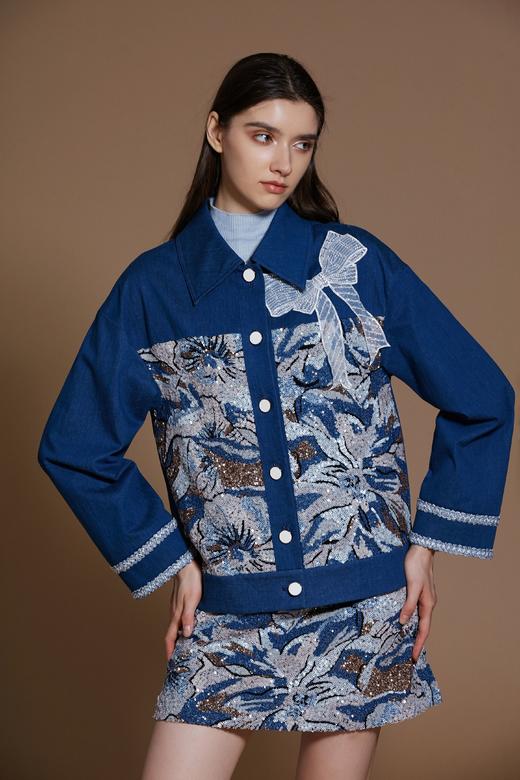 蓝色银河繁花亮片牛仔蝴蝶结外套 商品图1