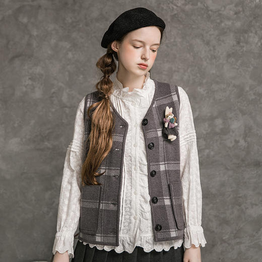 famecoco范可儿格纹马夹女秋宽松休闲法式外套马甲F216CA007 商品图2