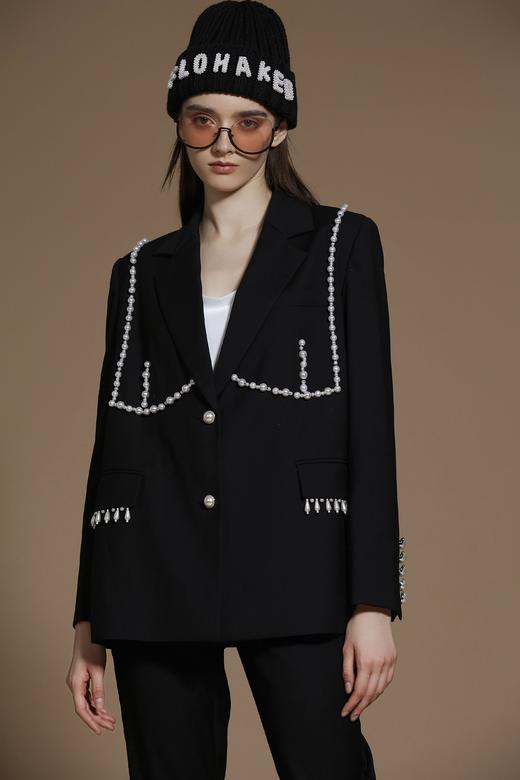 手工定位珍珠黑色西装外套 商品图1