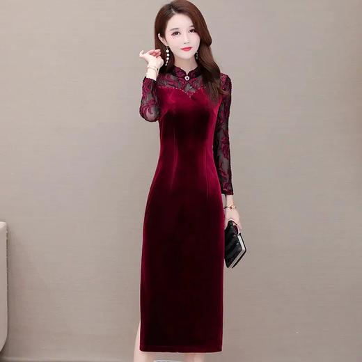 YWE-JMYS-20A808新款修身长袖气质优雅改良版金丝绒旗袍连衣裙 商品图3