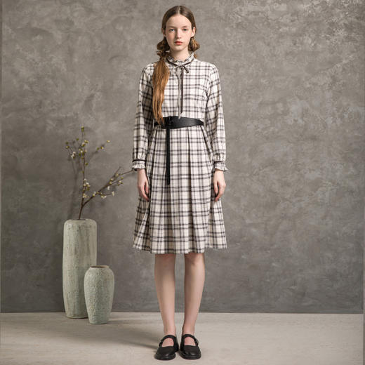 Famecoco范可儿秋长袖格子中长款收腰显瘦连衣裙女F216FA002 商品图3