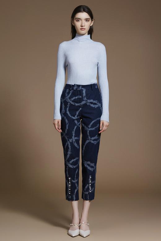 牛仔树枝织锦珍珠脚口直筒裤 商品图0