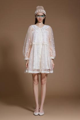 香槟色小花刺绣蕾丝领连衣裙