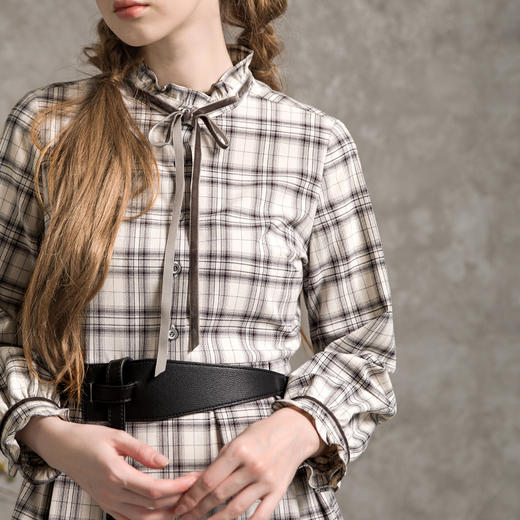 Famecoco范可儿秋长袖格子中长款收腰显瘦连衣裙女F216FA002 商品图1