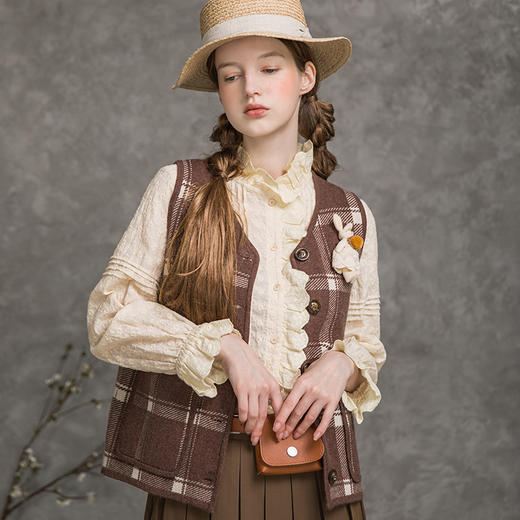 famecoco范可儿格纹马夹女秋宽松休闲法式外套马甲F216CA007 商品图1