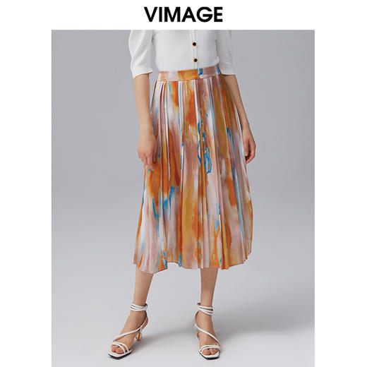 VIMAGE纬漫纪秋季新款女装中长款优雅印花A字裙半身裙V1506120半裙 商品图0