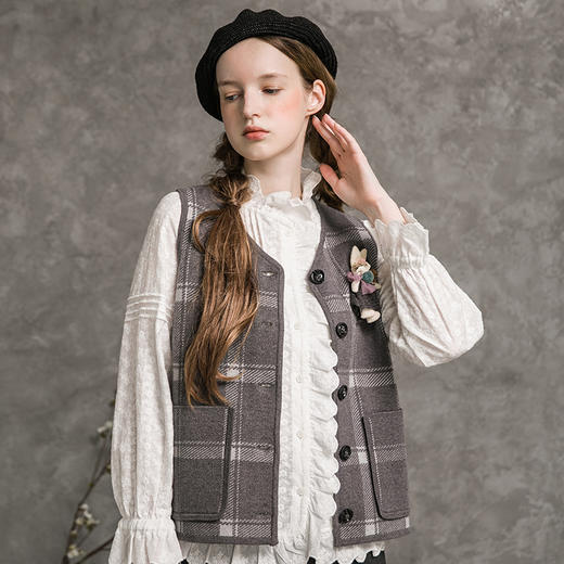 famecoco范可儿格纹马夹女秋宽松休闲法式外套马甲F216CA007 商品图3
