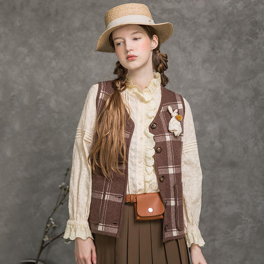 famecoco范可儿格纹马夹女秋宽松休闲法式外套马甲F216CA007 商品图0