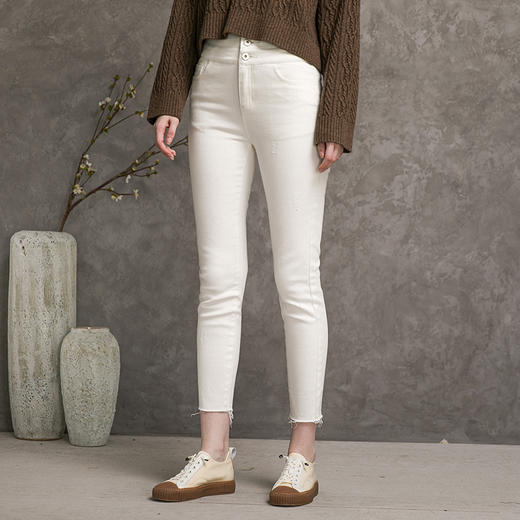 famecoco范可儿高腰牛仔裤女士秋季纯棉紧身长裤F216GA013 商品图3