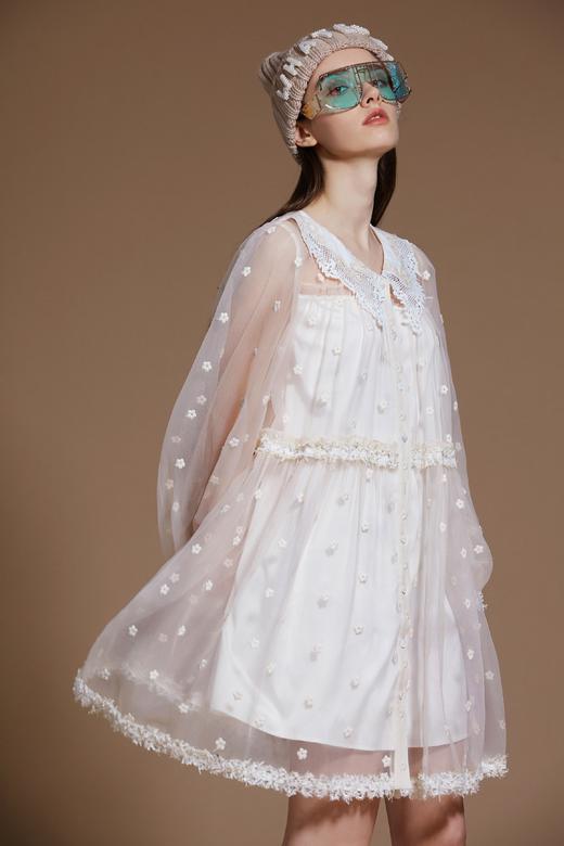 香槟色小花刺绣蕾丝领连衣裙 商品图1