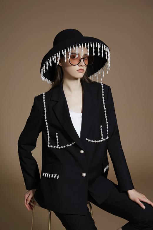 手工定位珍珠黑色西装外套 商品图2