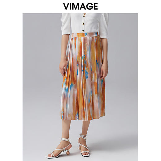 VIMAGE纬漫纪秋季新款女装中长款优雅印花A字裙半身裙V1506120半裙 商品图2