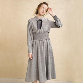 Famecoco范可儿秋格纹连衣裙法式复古收腰中长裙女F216FA017