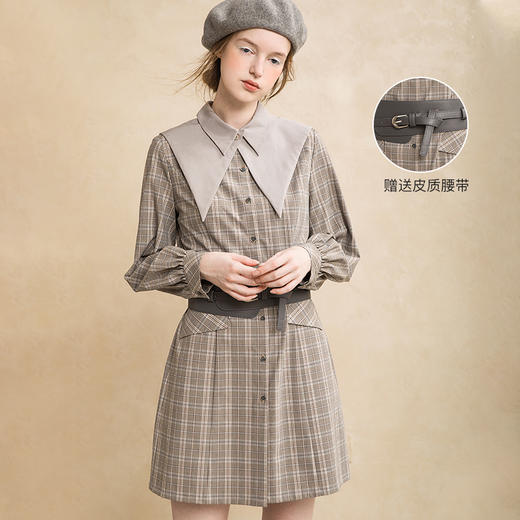 famecoco范可儿格子连衣裙女秋装长袖衬衫裙中长款F216FA019 商品图0