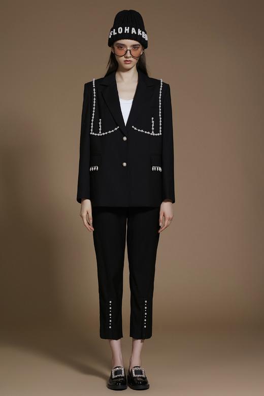 手工定位珍珠黑色西装外套 商品图0