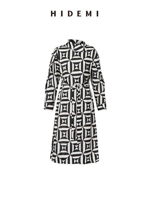 HIDEMI几何设计感黑白印花缎面连衣裙 商品图12