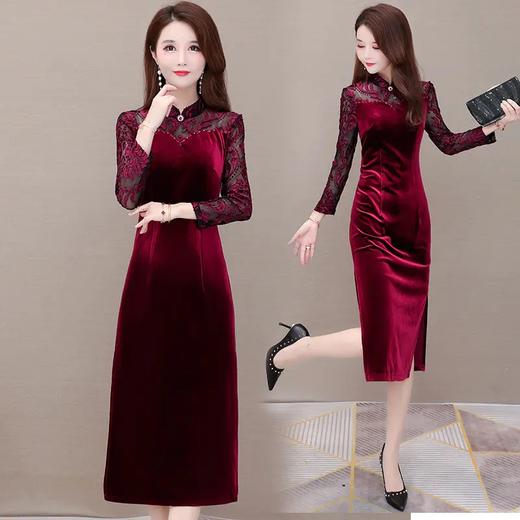 YWE-JMYS-20A808新款修身长袖气质优雅改良版金丝绒旗袍连衣裙 商品图1