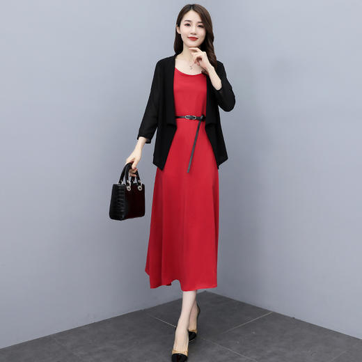 修身百搭，薄款披肩小外套雪纺连衣裙两件套HR-XMRS2139 商品图2