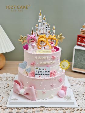 1027CAKE | 双层 粉嫩色系 美少女 城堡 翻糖蝴蝶结装饰 周岁蛋糕