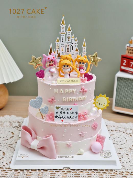 1027CAKE | 双层 粉嫩色系 美少女 城堡 翻糖蝴蝶结装饰 周岁蛋糕 商品图0