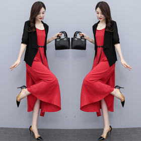 修身百搭，薄款披肩小外套雪纺连衣裙两件套HR-XMRS2139
