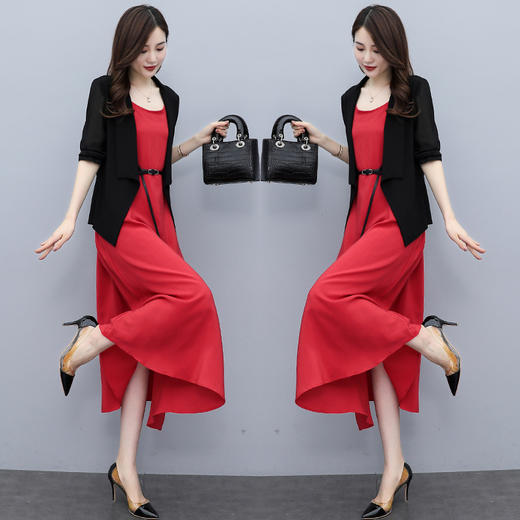 修身百搭，薄款披肩小外套雪纺连衣裙两件套HR-XMRS2139 商品图0