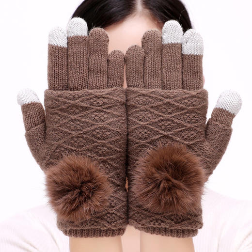 【手套】秋冬女士毛线手套触屏手套 加绒保暖手套 多功能三用毛球分指手套 商品图5