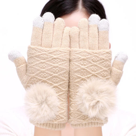 【手套】秋冬女士毛线手套触屏手套 加绒保暖手套 多功能三用毛球分指手套 商品图6