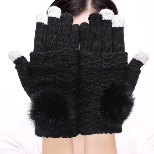 【手套】秋冬女士毛线手套触屏手套 加绒保暖手套 多功能三用毛球分指手套 商品图7