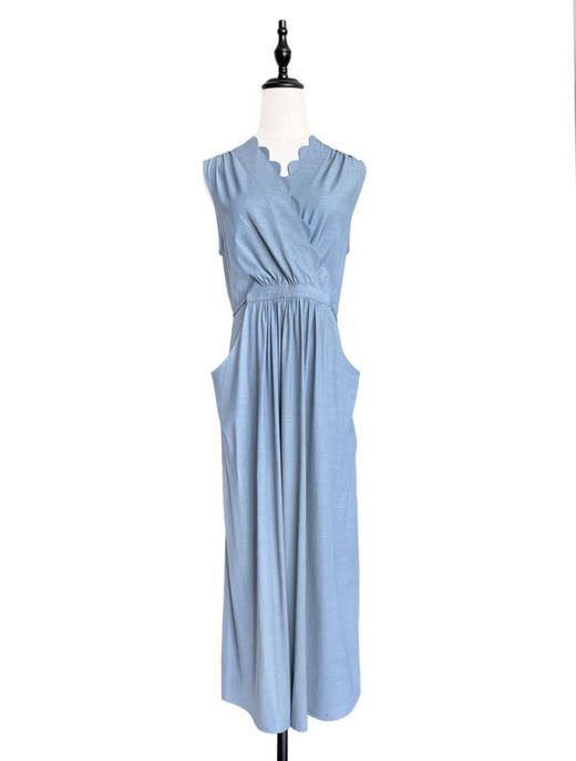 TYNVIE 波浪纹领口大插袋无袖连衣裙-牛仔蓝 商品图1