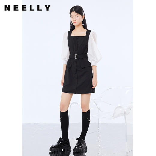 NEELLY纳俪连衣裙女方领泡泡袖中长款裙子闪钻高腰带设计简约通勤N21072Y01061 商品图3