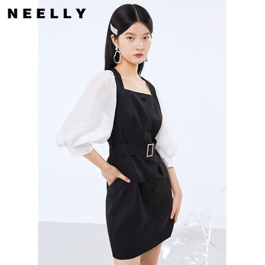 NEELLY纳俪连衣裙女方领泡泡袖中长款裙子闪钻高腰带设计简约通勤N21072Y01061 商品图1