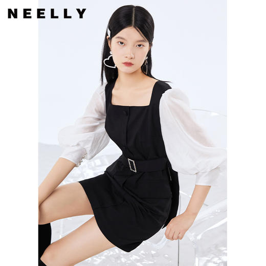 NEELLY纳俪连衣裙女方领泡泡袖中长款裙子闪钻高腰带设计简约通勤N21072Y01061 商品图0