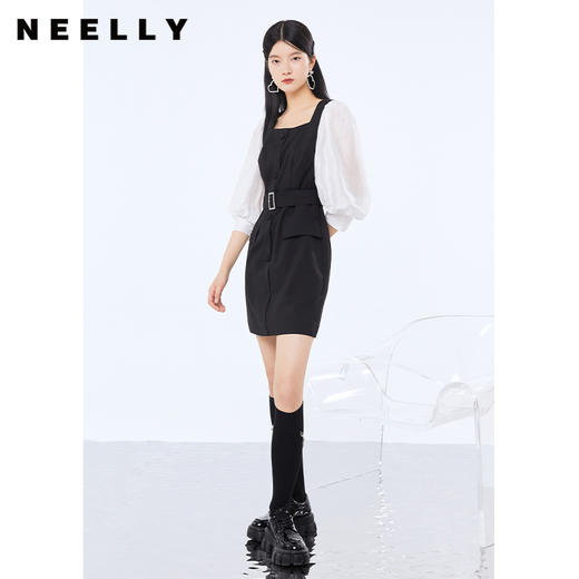 NEELLY纳俪连衣裙女方领泡泡袖中长款裙子闪钻高腰带设计简约通勤N21072Y01061 商品图2