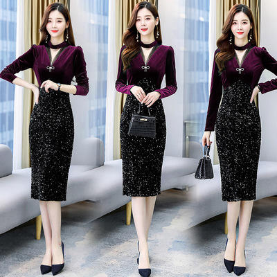 WZNH- WZ70789 2021年早秋季新款潮流时尚个性拼接气质V领修身连衣裙 商品图1