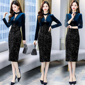 WZNH- WZ70789 2021年早秋季新款潮流时尚个性拼接气质V领修身连衣裙