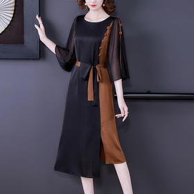 AHM- as7716 连衣裙女2021夏季新款拼色复古气质阔太太妈妈装开叉长裙