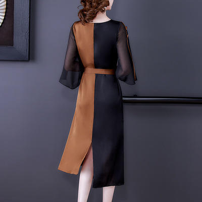 AHM- as7716 连衣裙女2021夏季新款拼色复古气质阔太太妈妈装开叉长裙 商品图3