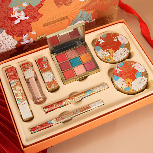 【好礼】曼诗丽锦上繁花修颜礼盒 中国风彩妆8件套口红眼影盘眉笔粉扑 商品图0
