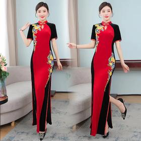 HT5510时尚长款短袖醋酸缎旗袍裙