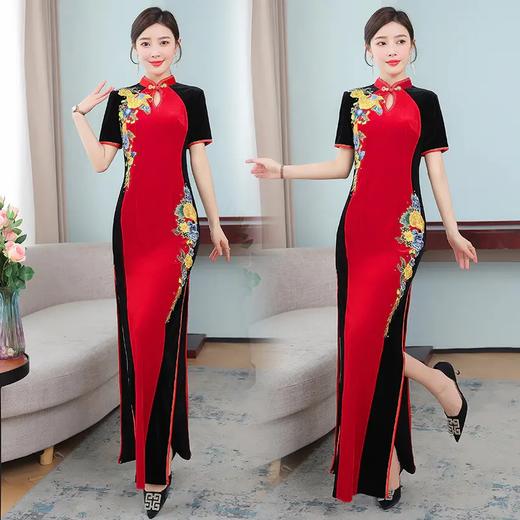 HT5510时尚长款短袖醋酸缎旗袍裙 商品图0