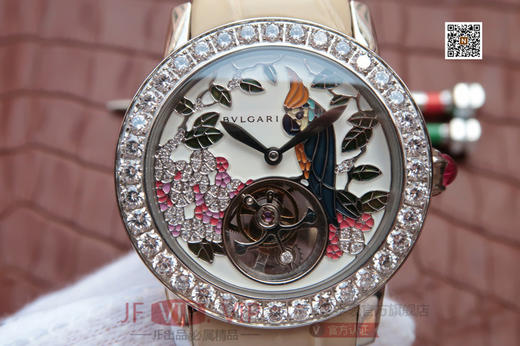 W0053N455宝格丽 凹镜 女款37毫米直径陀飞轮  珐琅表盘 立体鹦鹉 搭载手动复古偏心陀飞轮 美洲进口鳄鱼皮 商品图6